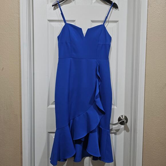 Laundry by Shelli Segal Blue Midi Dress Ruffle Hem Sheath Size 4 - Picture 3 of 10